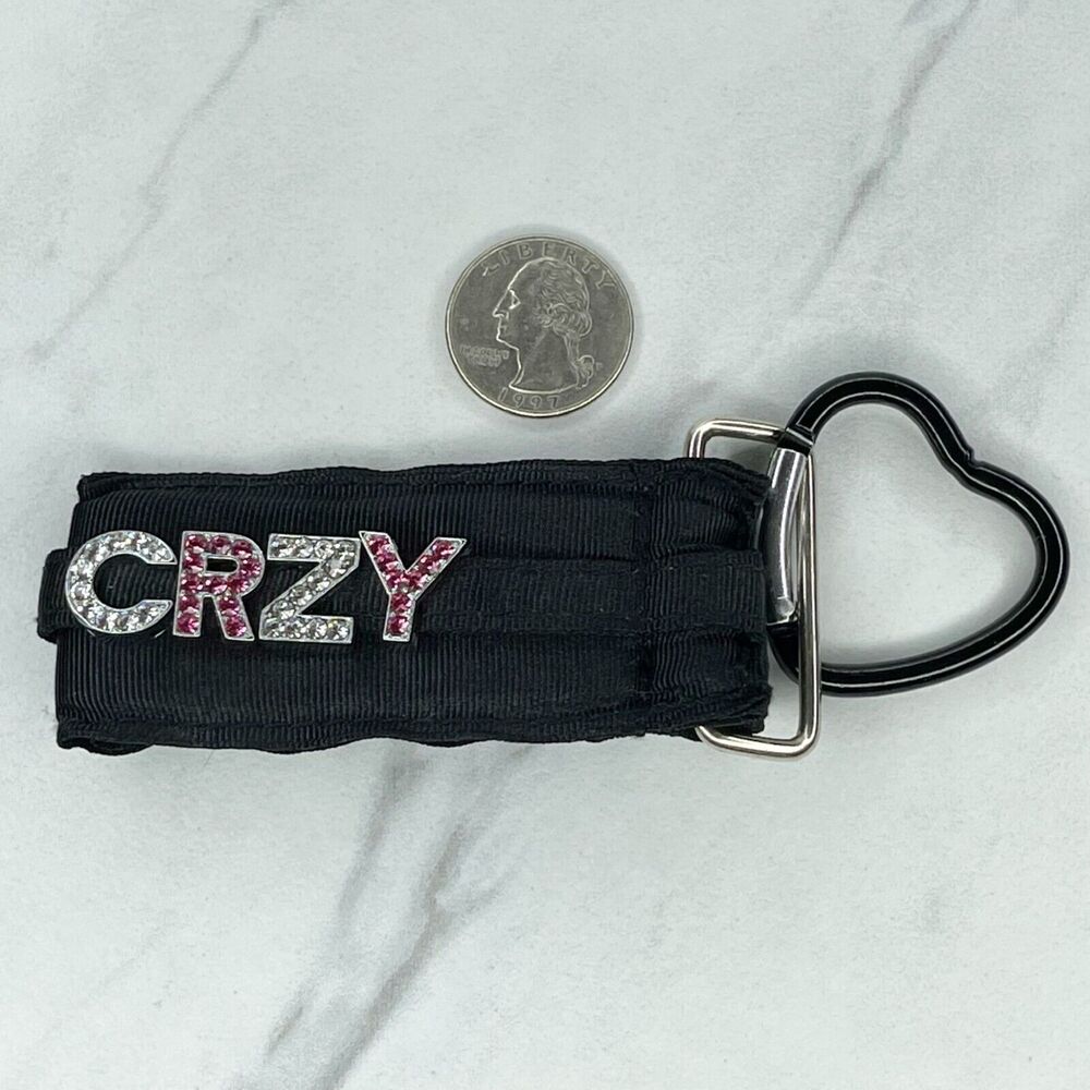 Black Ribbon Rhinestone CRZY Crazy Heart Carabiner Keychain Keyring